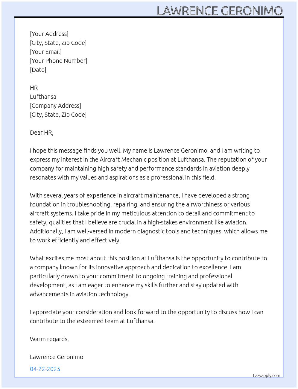 Aircraft Mechanic At Luftthansa Cover Letter