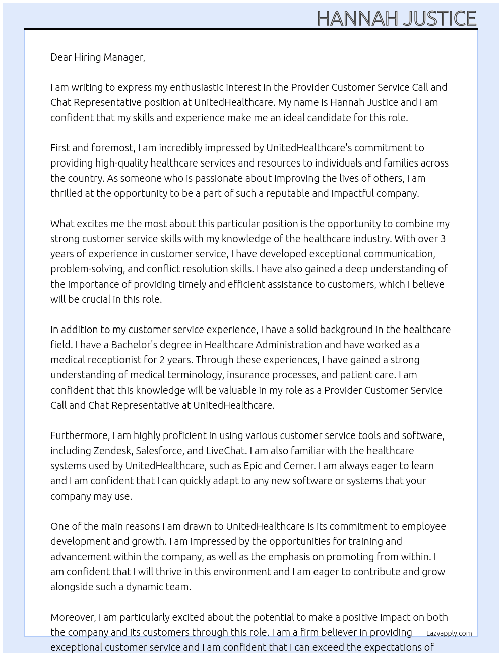Provider Customer Service Call and Chat Representative At UnitedHealthcare Cover Letter
