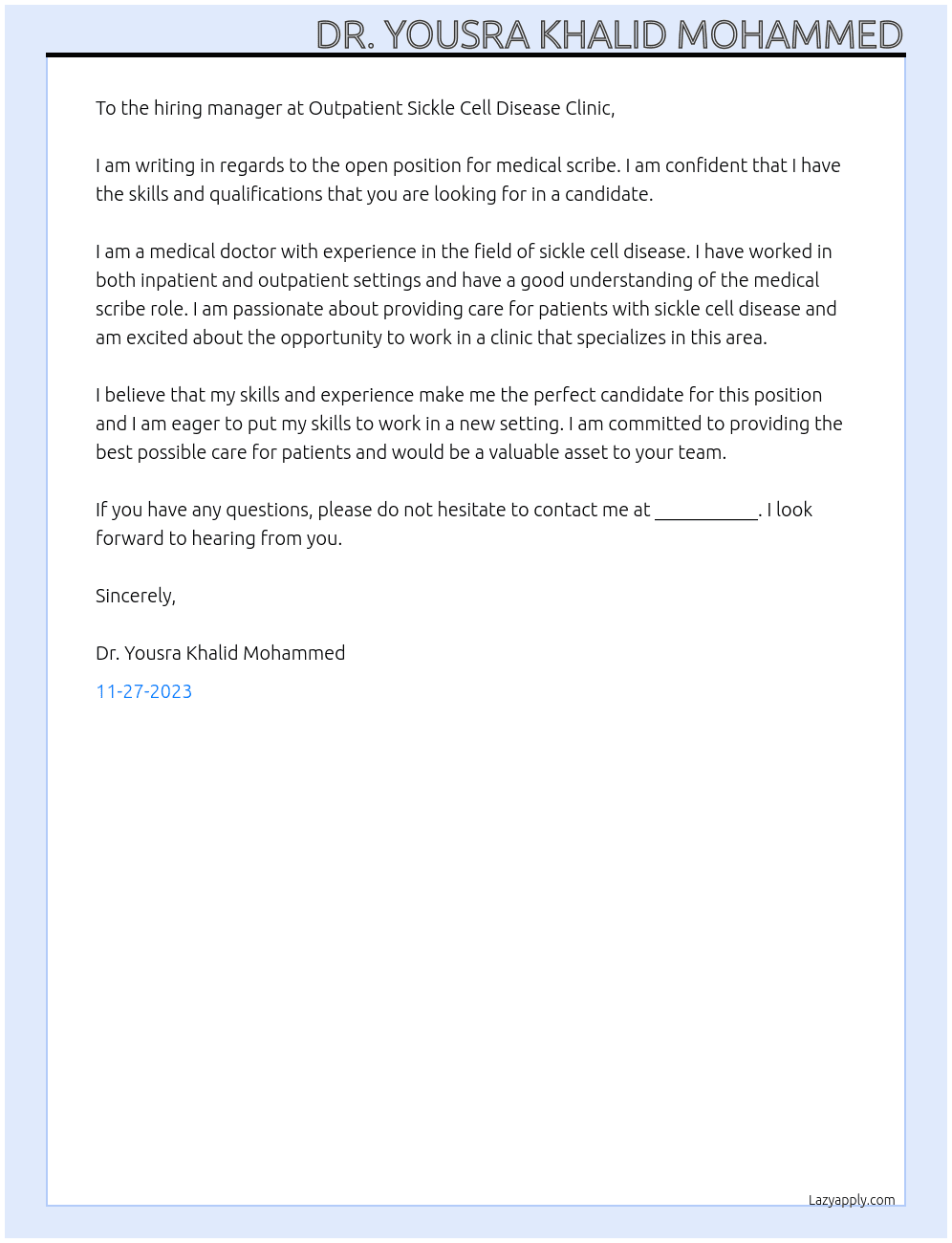 Medical scribe At Outpatient Sickle cell disease clinic Cover Letter