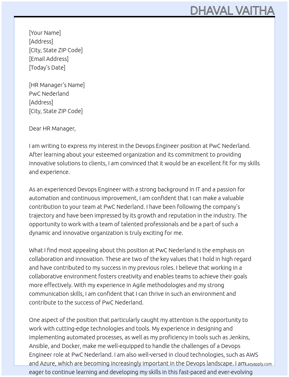 Devops Engineer At PwC Nederland Cover Letter