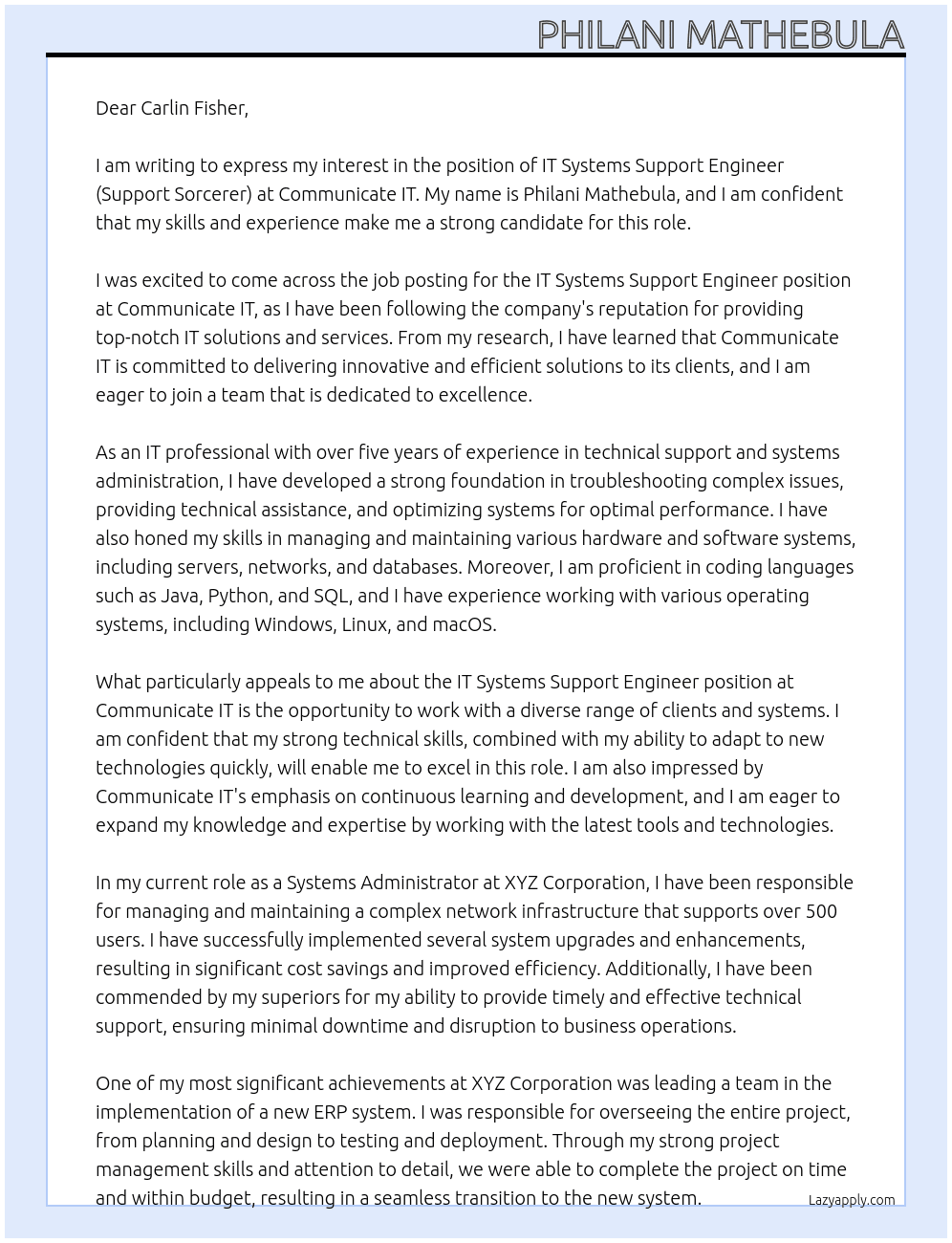 IT Systems Support Engineer (Support Sorcerer) At Communicate IT Cover Letter