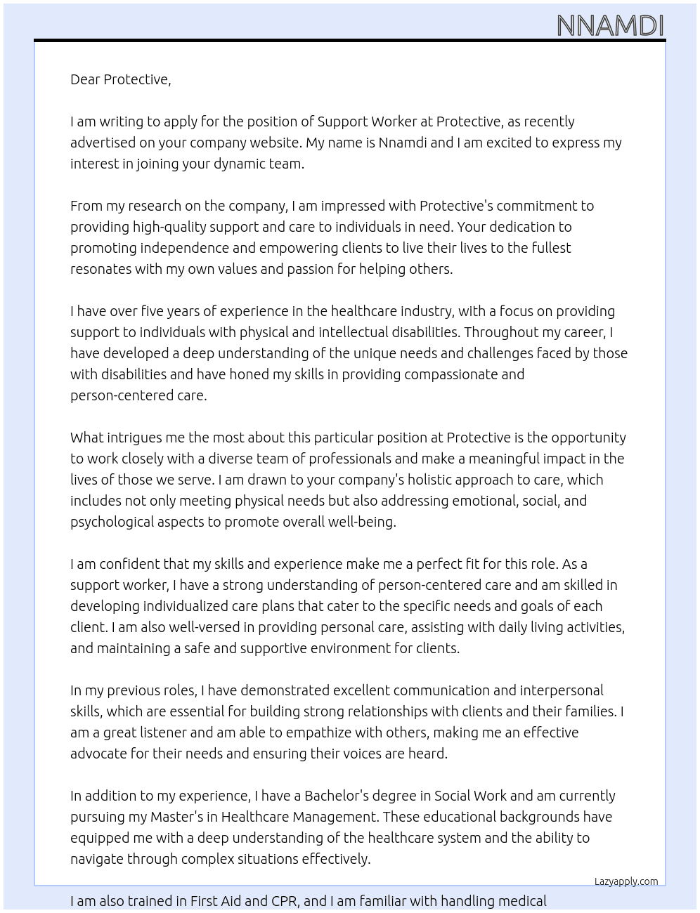Support worker At Protective  Cover Letter