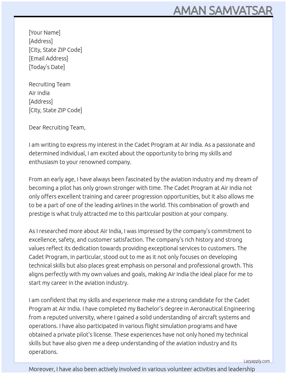 Cadet Program At Air India Cover Letter