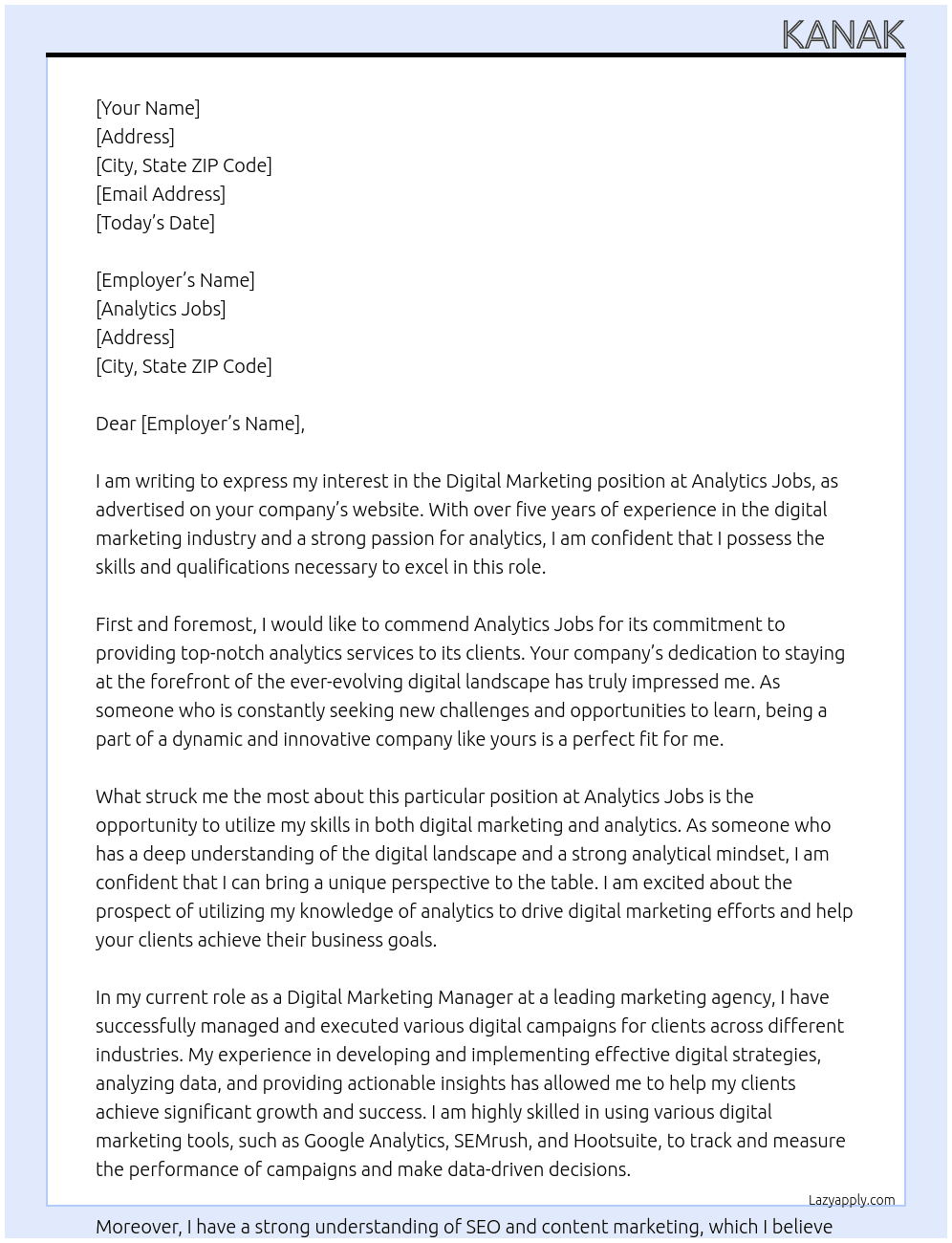Digital Marketing At Analytics Jobs Cover Letter