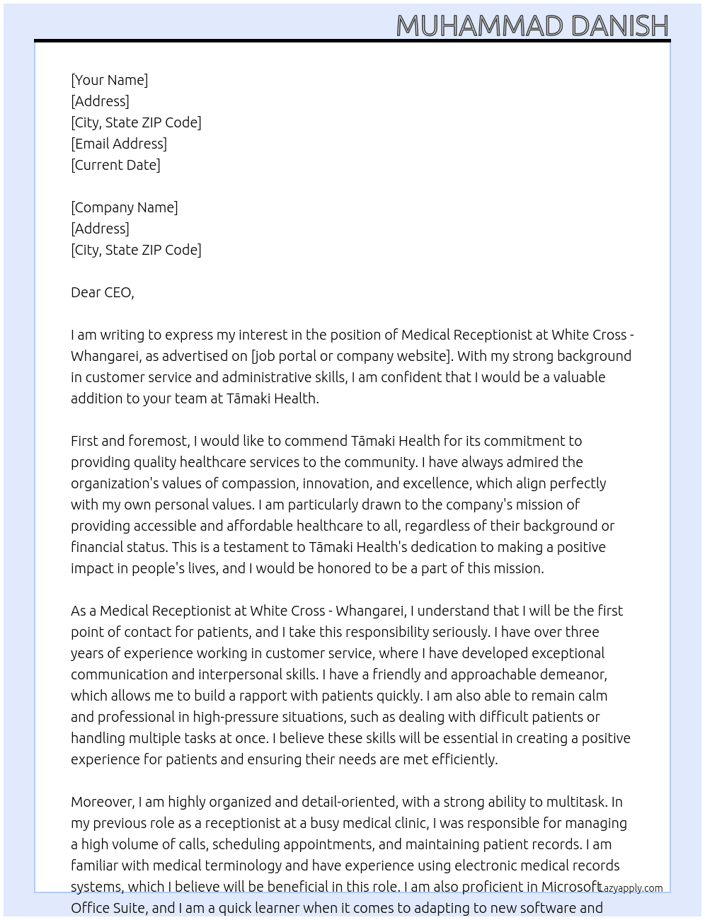 Medical Receptionist - White Cross - Whangarei (Casual) At Tāmaki Health Cover Letter