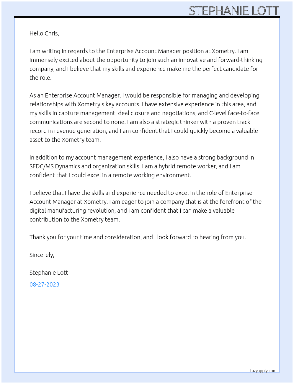 Enterprise Account Manager At Xometry Cover Letter