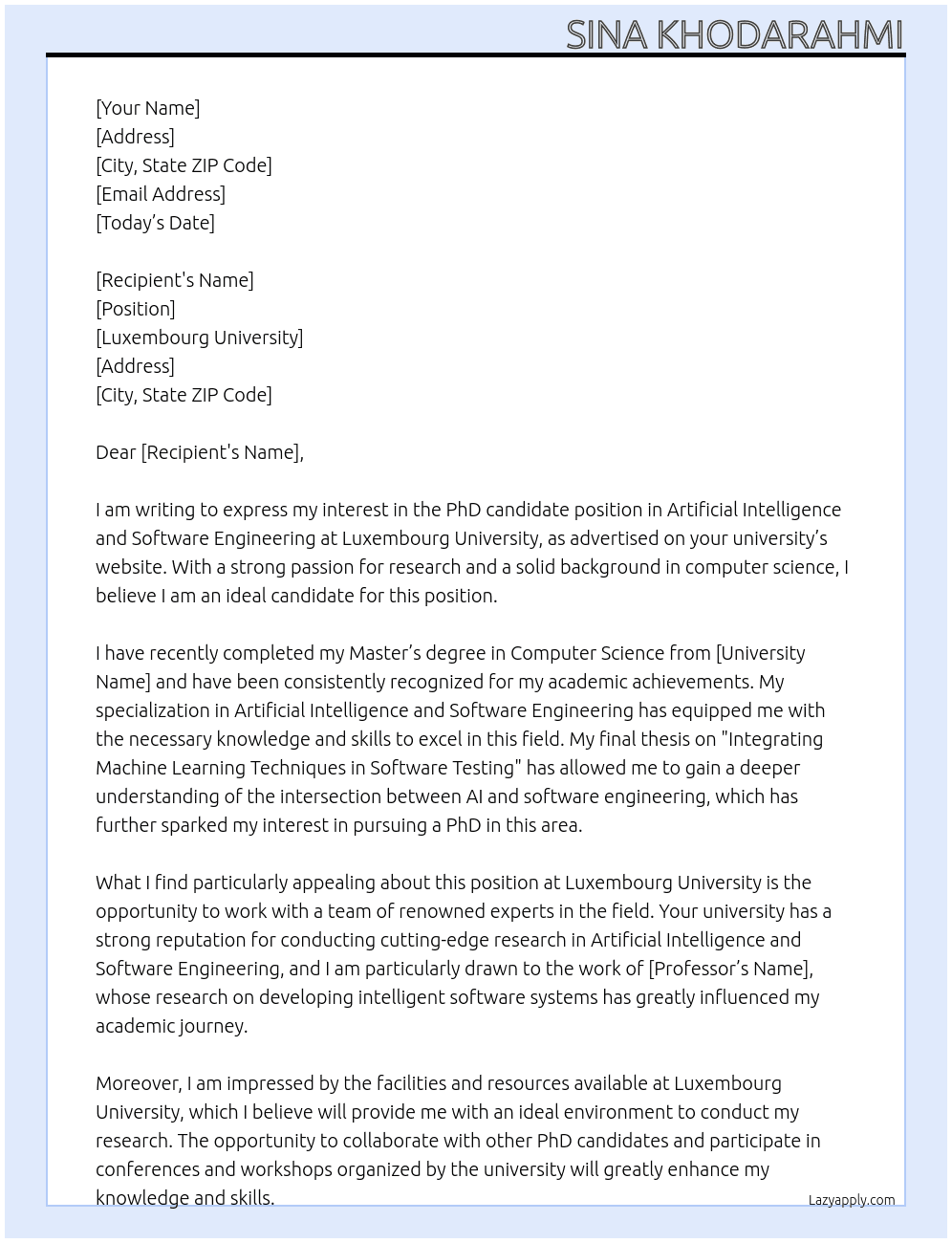 PhD candidate in Artificial intelligence and software engineering At Luxembourg University Cover Letter