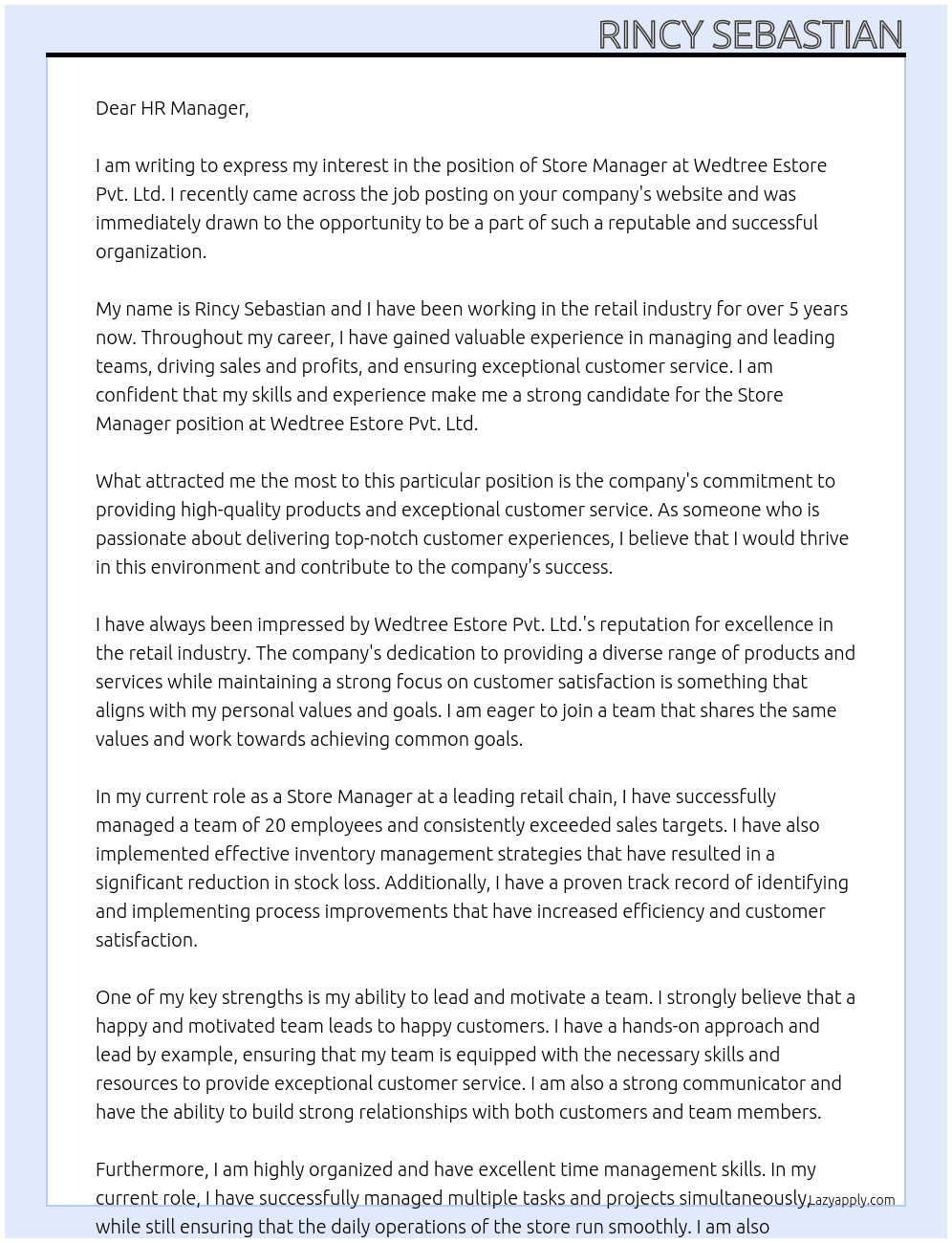 STORE MANAGER At Wedtree Estore pvt ltd. Cover Letter