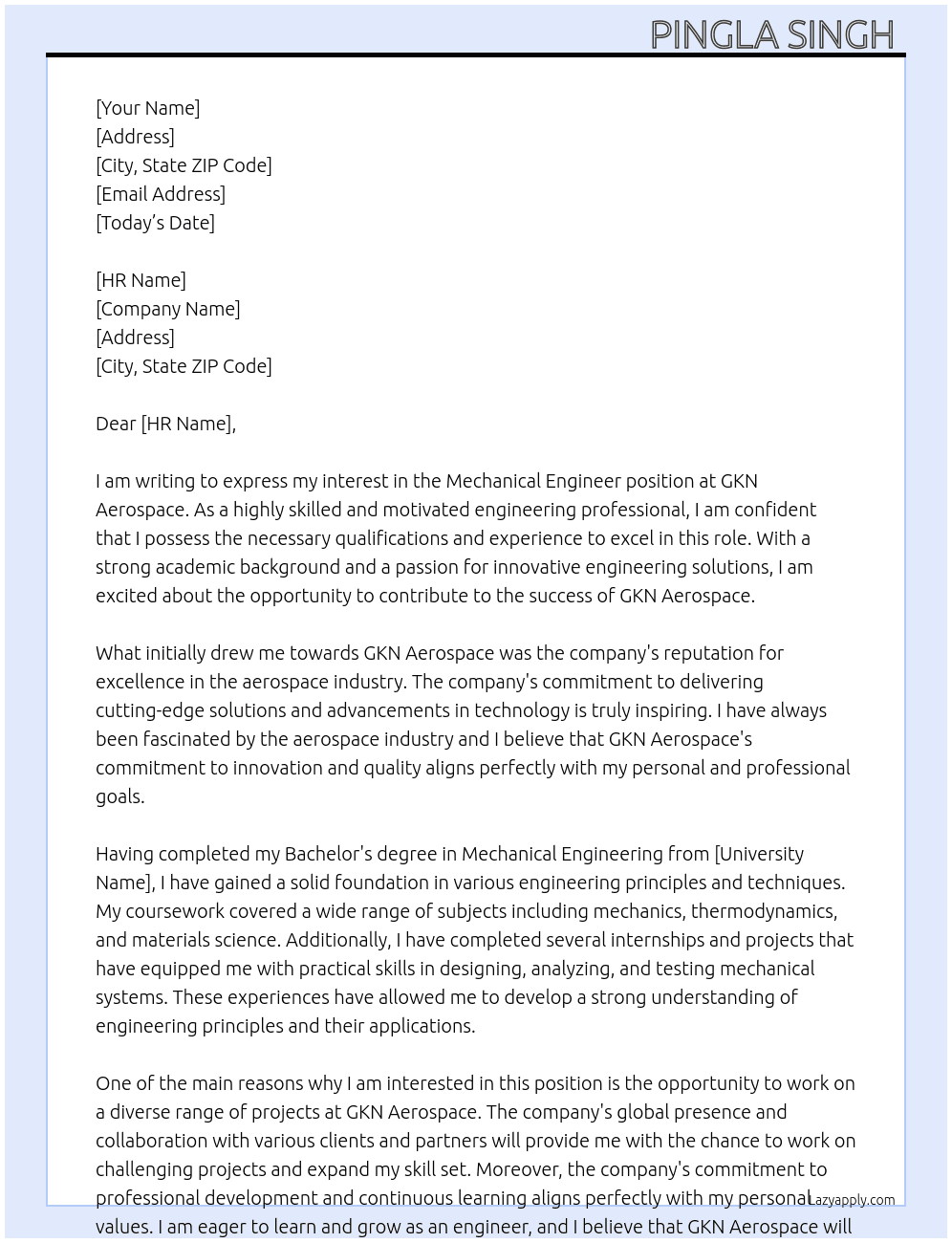 Mechanical engineer  At GKN Aerospace  Cover Letter
