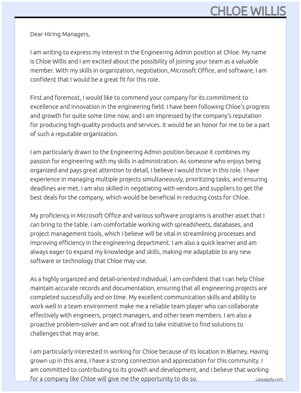 Engineering admin  At Chloe Cover Letter