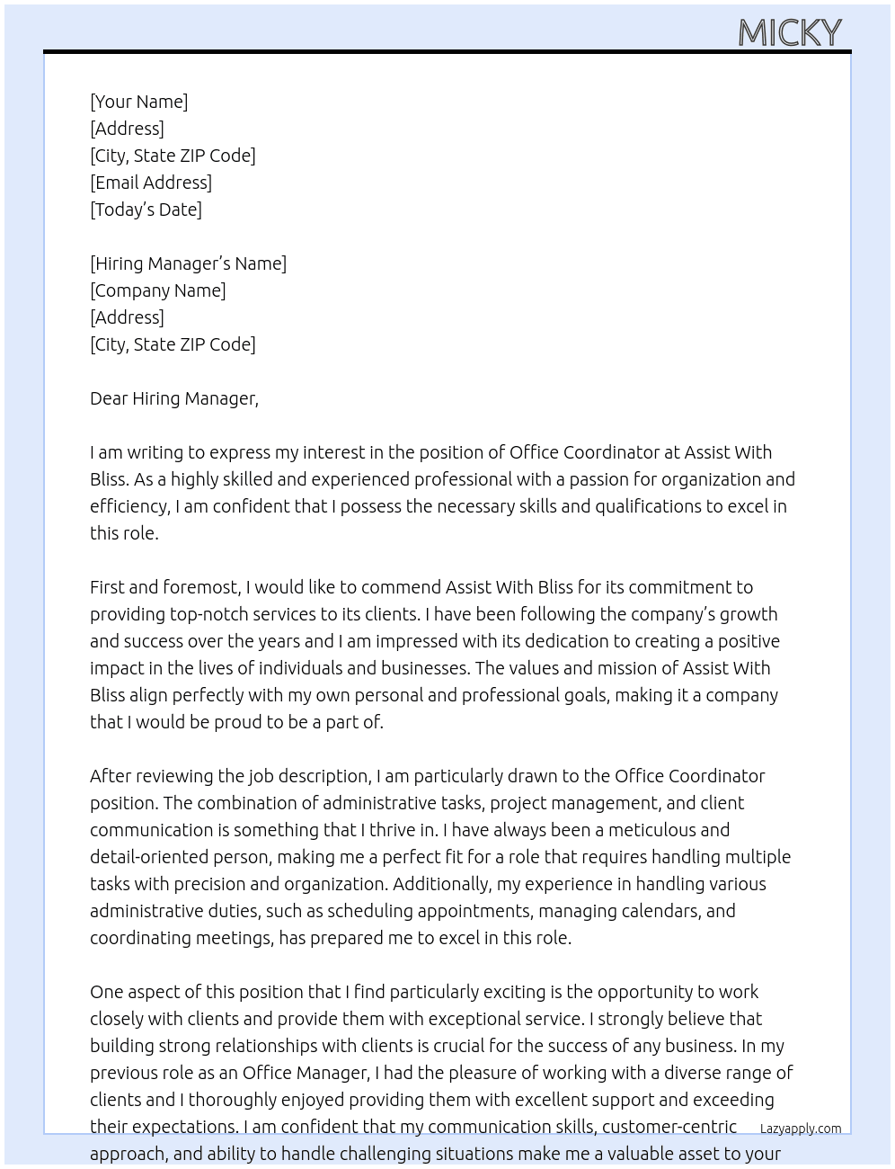 Office Coordinator At Assist With Bliss  Cover Letter