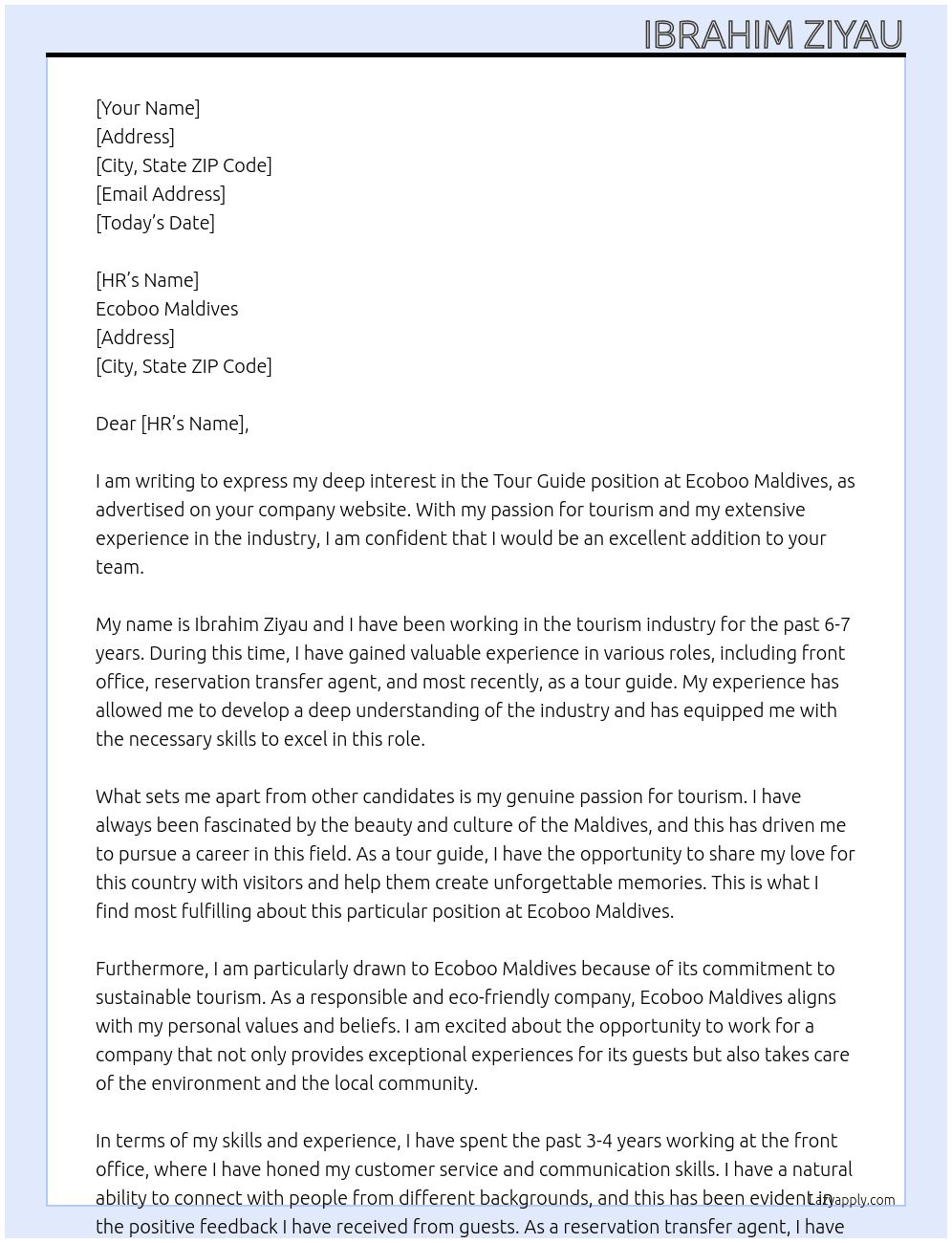 Tour guide  At Ecoboo Maldives  Cover Letter