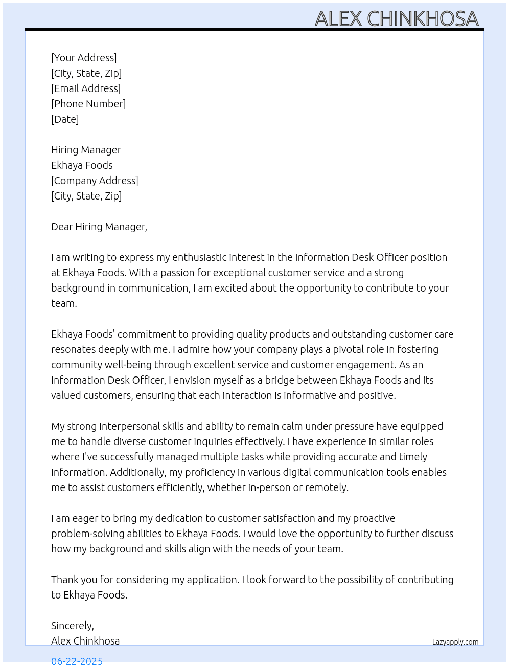 Information desk officer  At Ekhaya foods  Cover Letter