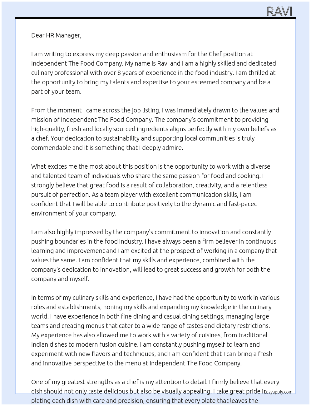 Chef At Independent The food company  Cover Letter
