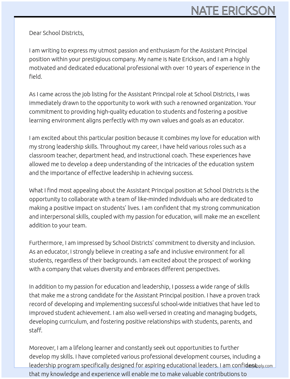 Assistant Principal At School Districts Cover Letter