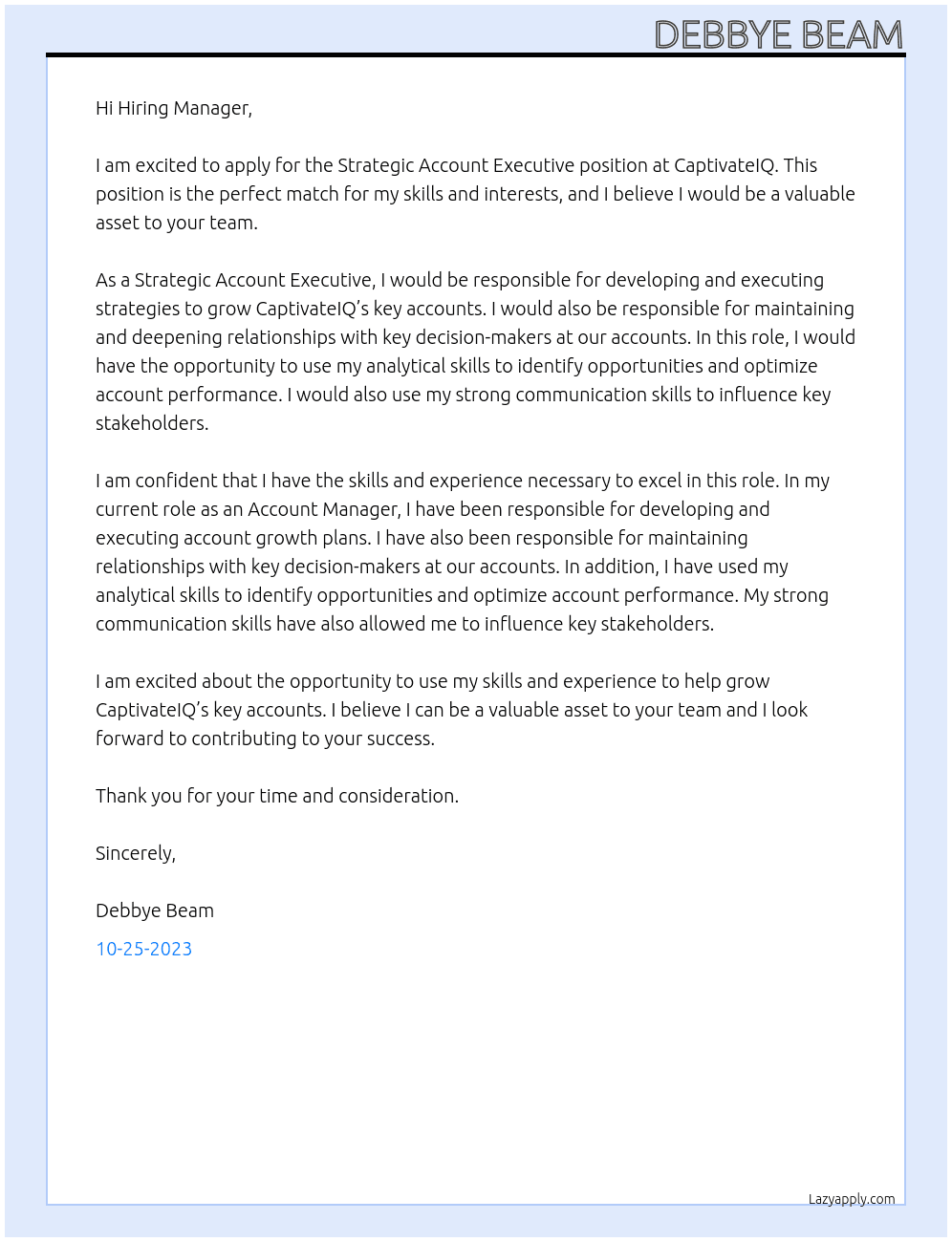 Strategic Account Executive  At CaptivateIQ Cover Letter