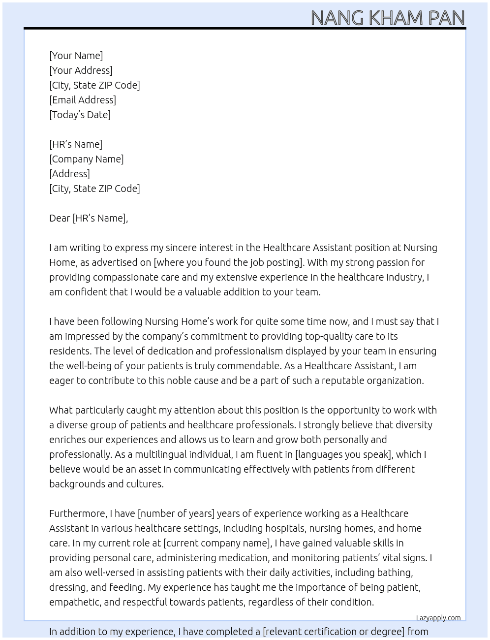 Healthcare assistant At Nursing Home Cover Letter