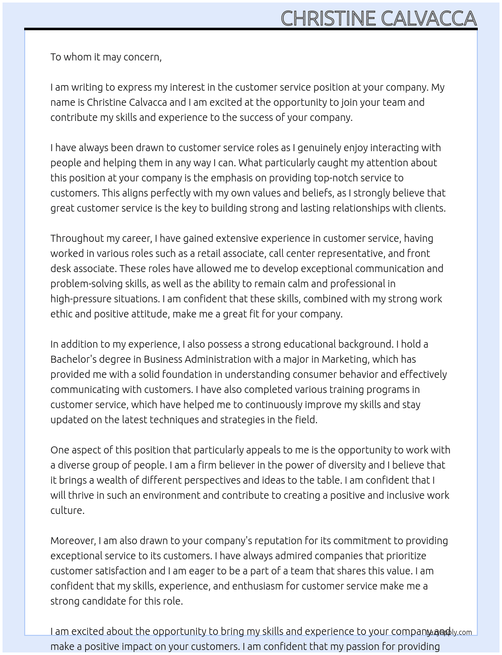 customer service At no company Cover Letter