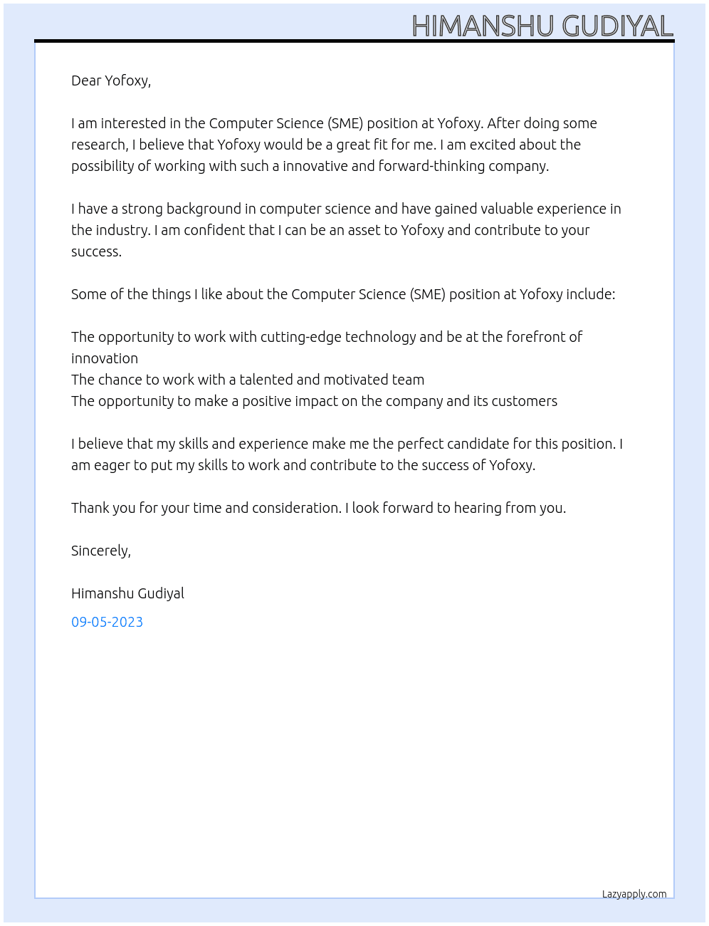 Computer Science (SME) At Yofoxy Cover Letter