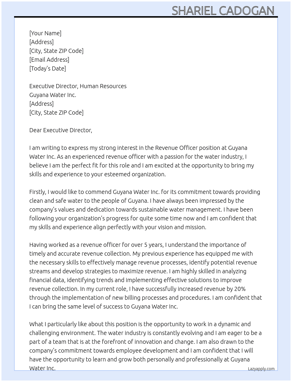 Revenue Officer  At Guyana Water Inc. Cover Letter