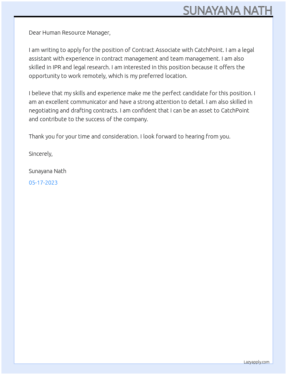 Contract Associate At CatchPoint Cover Letter