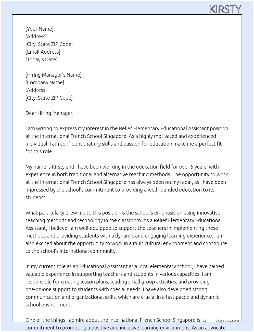 Relief elementary educational assistant At International French School Singapore Cover Letter