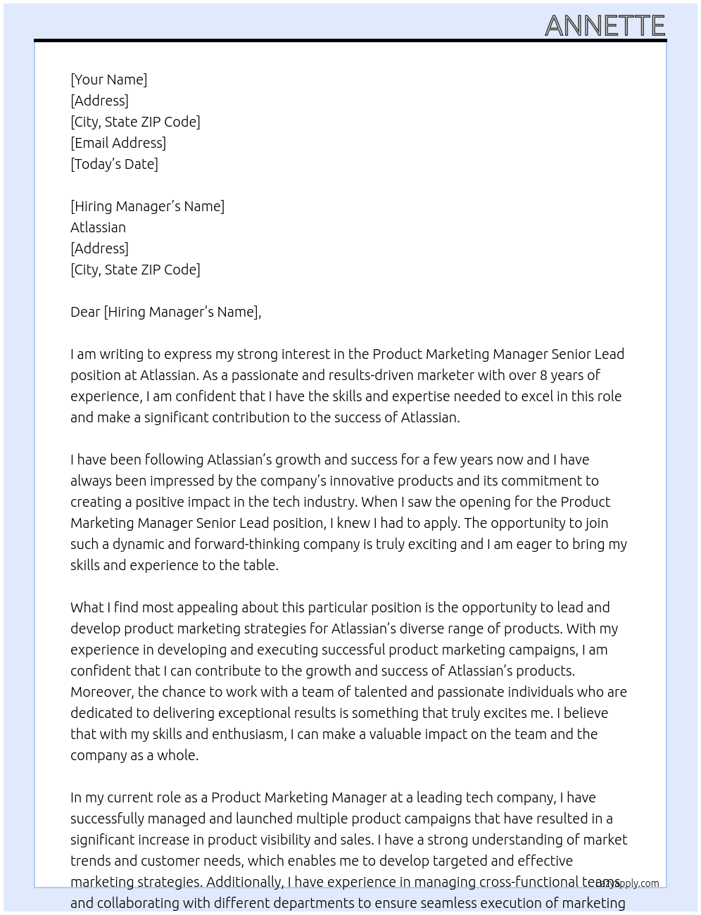 product marketing manager senior lead At atlassian Cover Letter