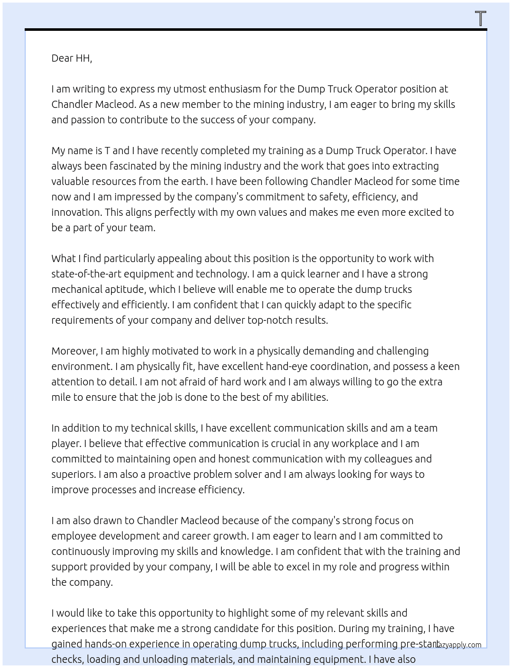 Mining New to Industry - Dump Truck Operator At Chandler Macleod Cover Letter