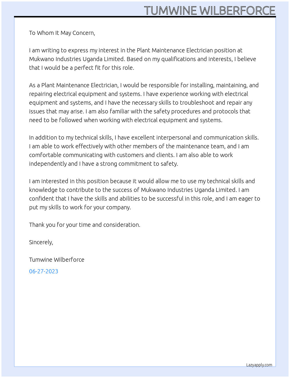 Plant Maintenance Electrician At Mukwano Industries Uganda Limited Cover Letter
