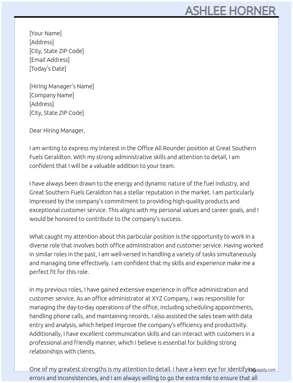 Office all roudner  At Great Southern Fuels Geraldton  Cover Letter