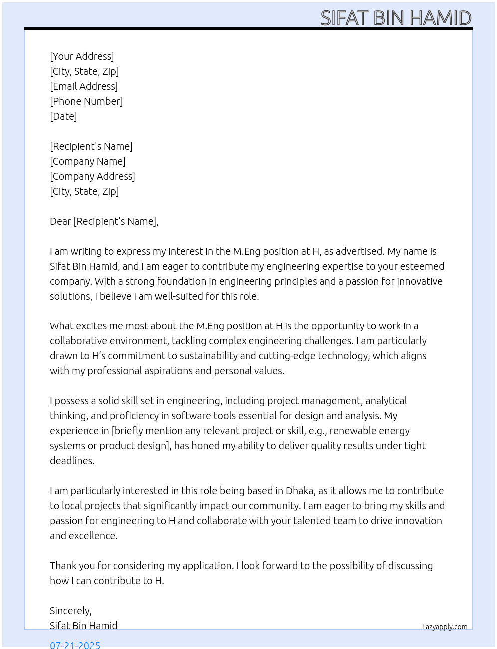 Cover letter for m. eng - LazyApply