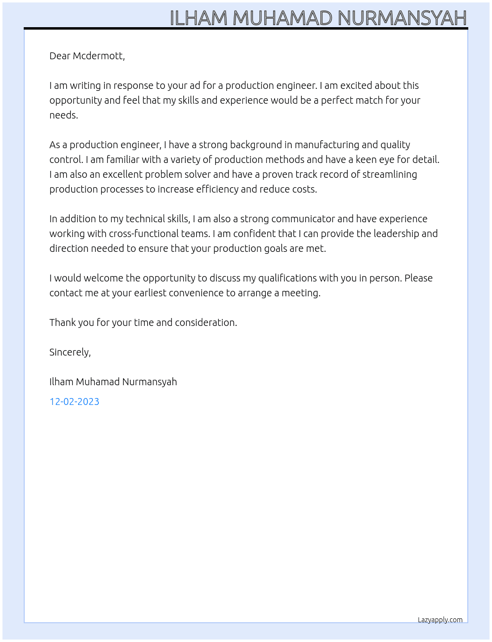 production engineer At Mcdermott Cover Letter