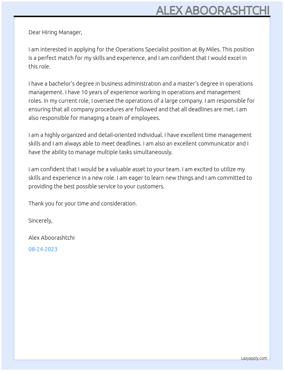 Operations Specialist At By Miles Cover Letter