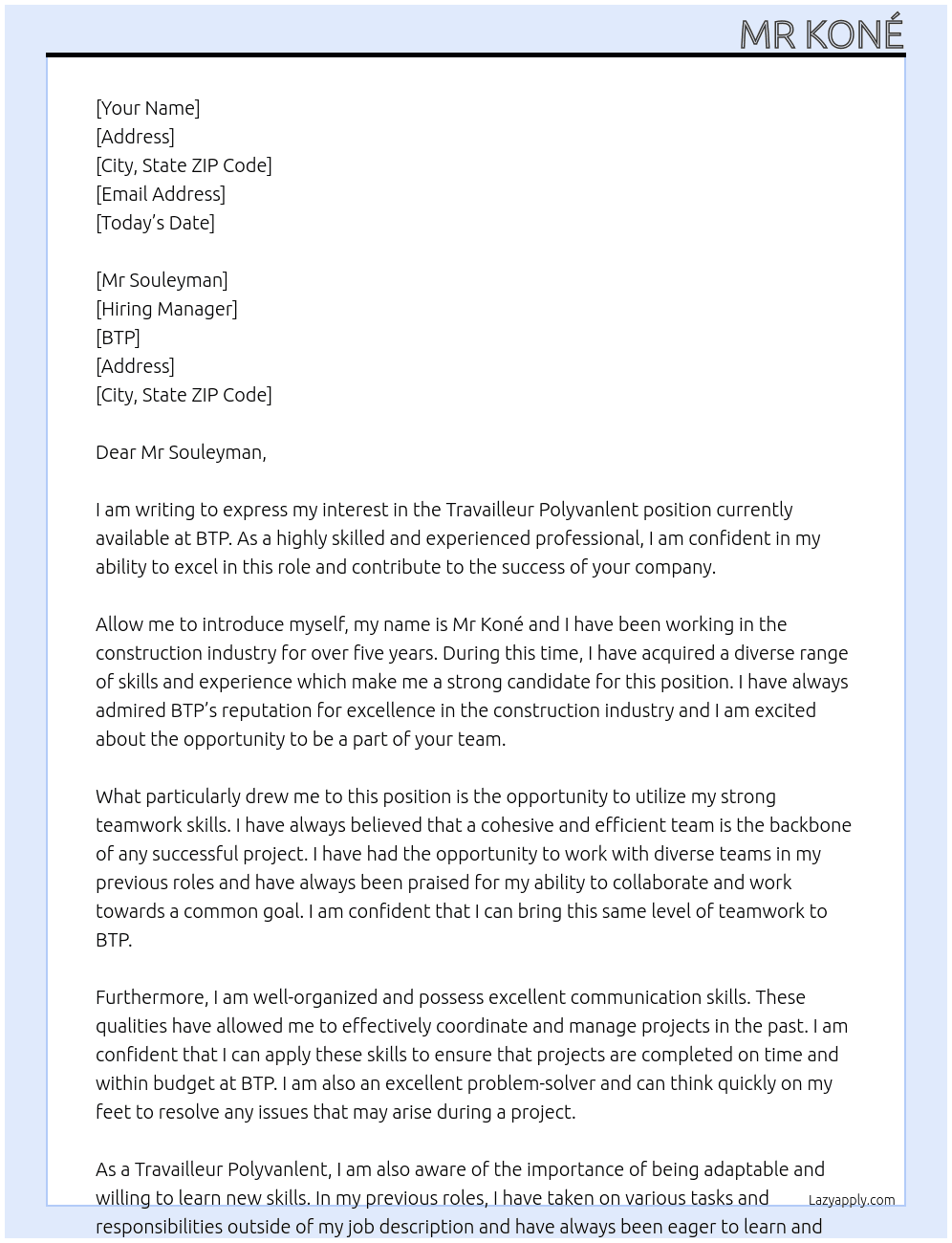 Travailleur Polyvanlent At BTP Cover Letter