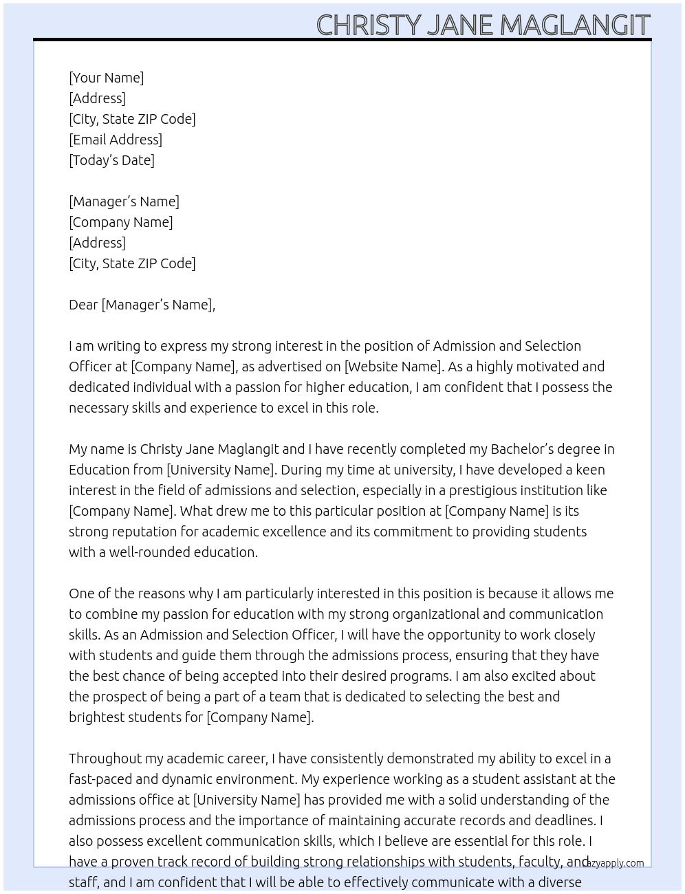 Admission And Selection Officer At unimelb Cover Letter