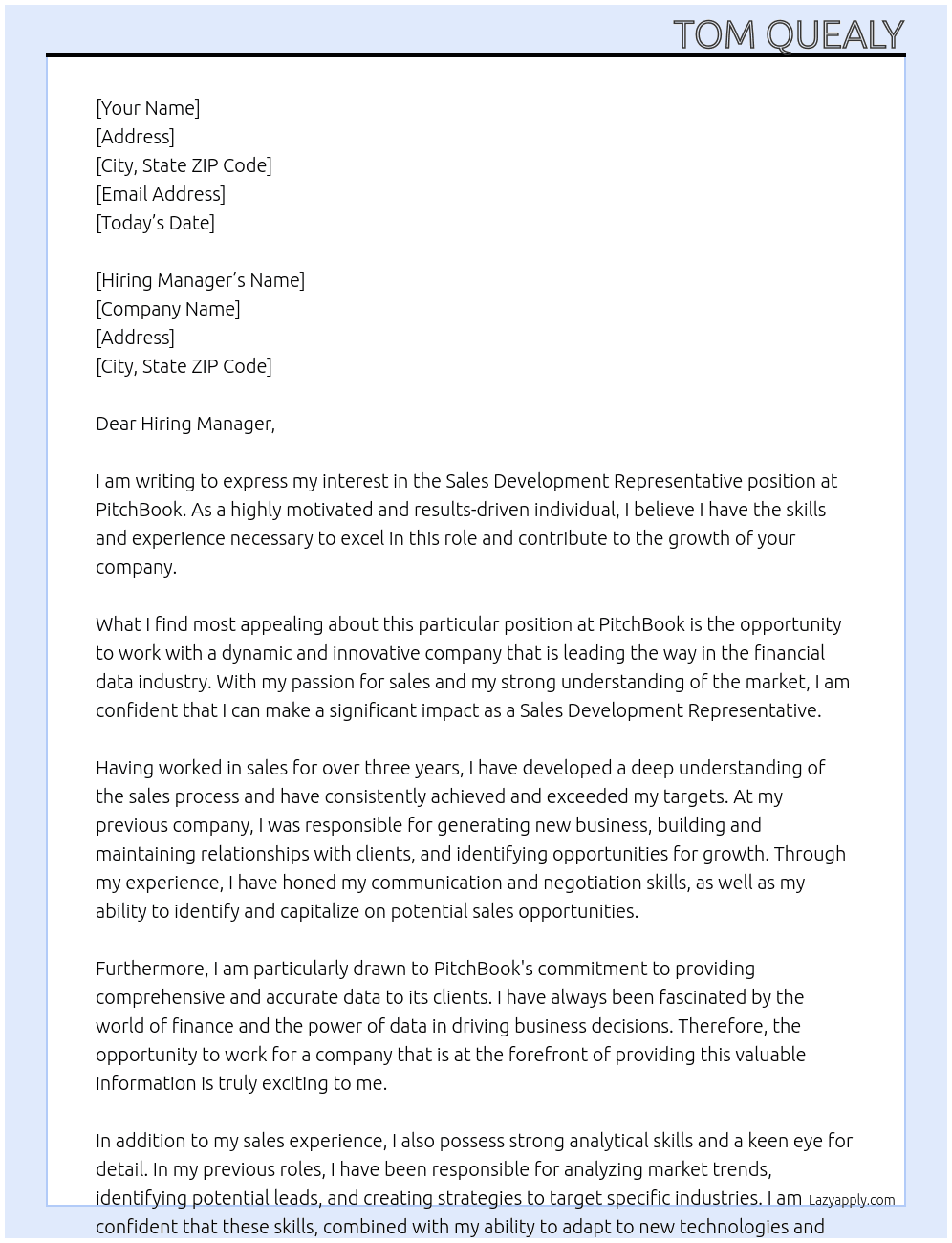 Sales Development Representative At PitchBook Cover Letter