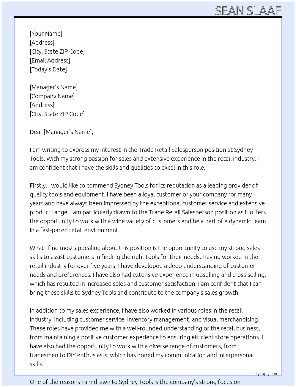 Trade Retail Salesperson At Sydney Tools Cover Letter