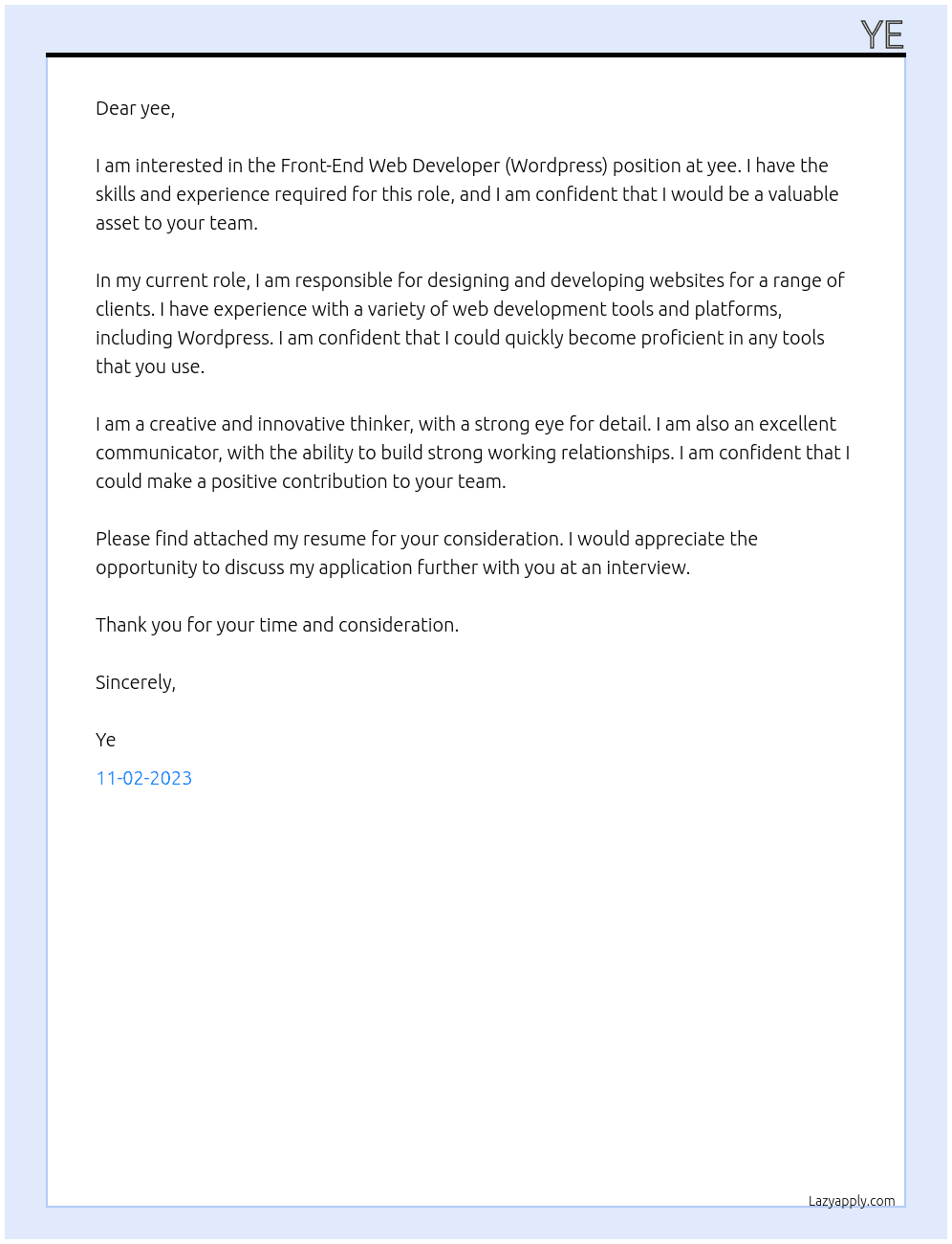 Front-End Web Developer (Wordpress) At yee Cover Letter