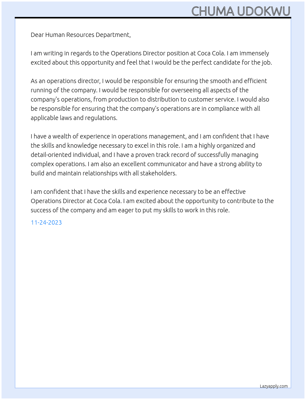 Operations Director At Coca Cola Cover Letter