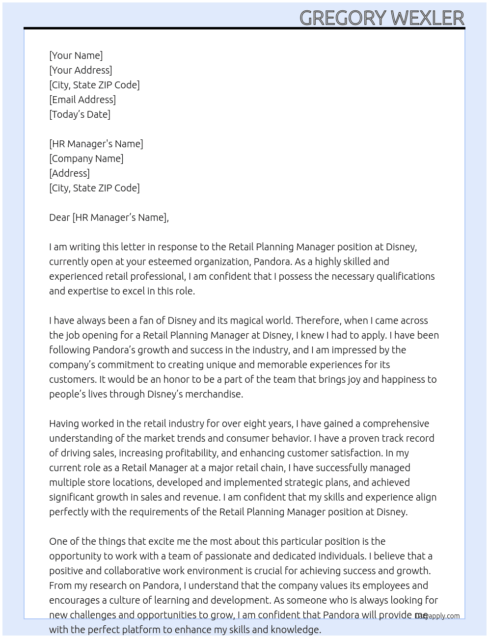  Retail Planning Manager, Disney At Pandora  Cover Letter