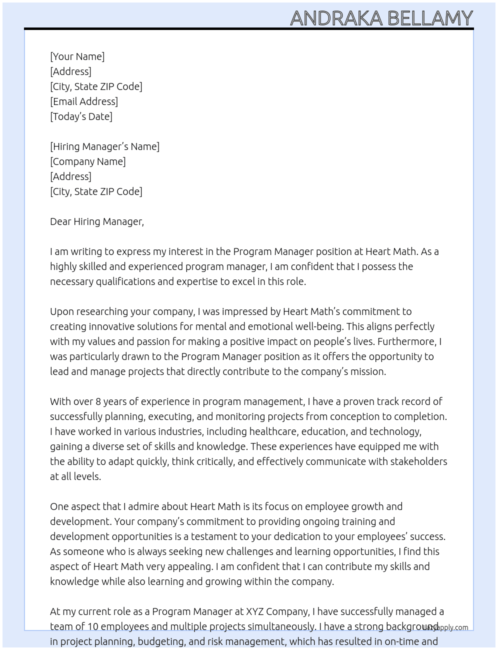 Program Manager  At Heart Math Cover Letter