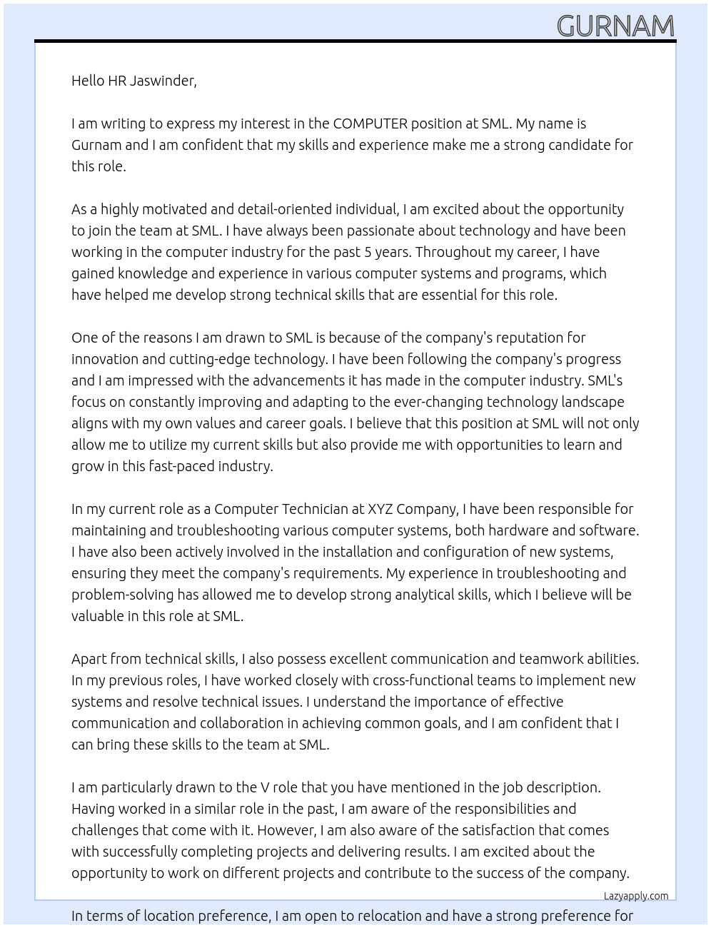 COMPUTER  At SML Cover Letter