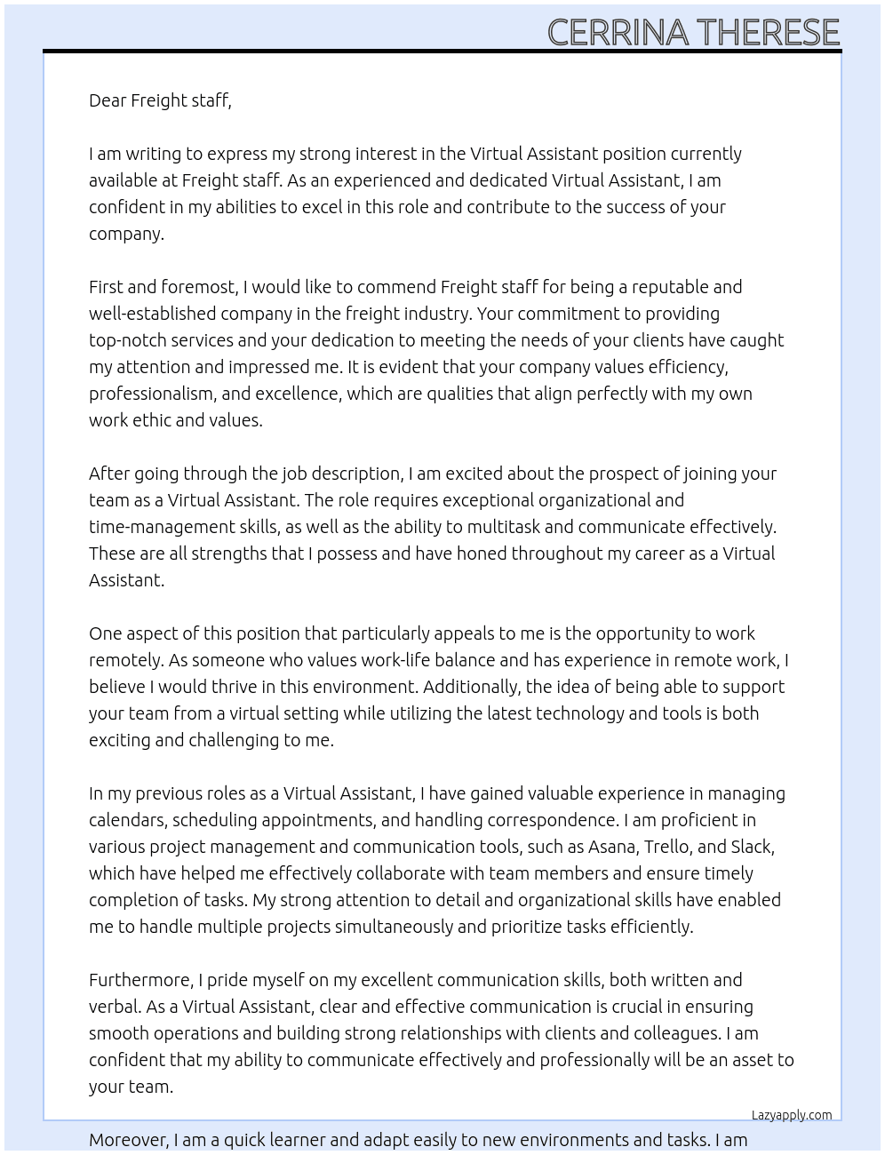 Virtual assistant At Freight staff Cover Letter