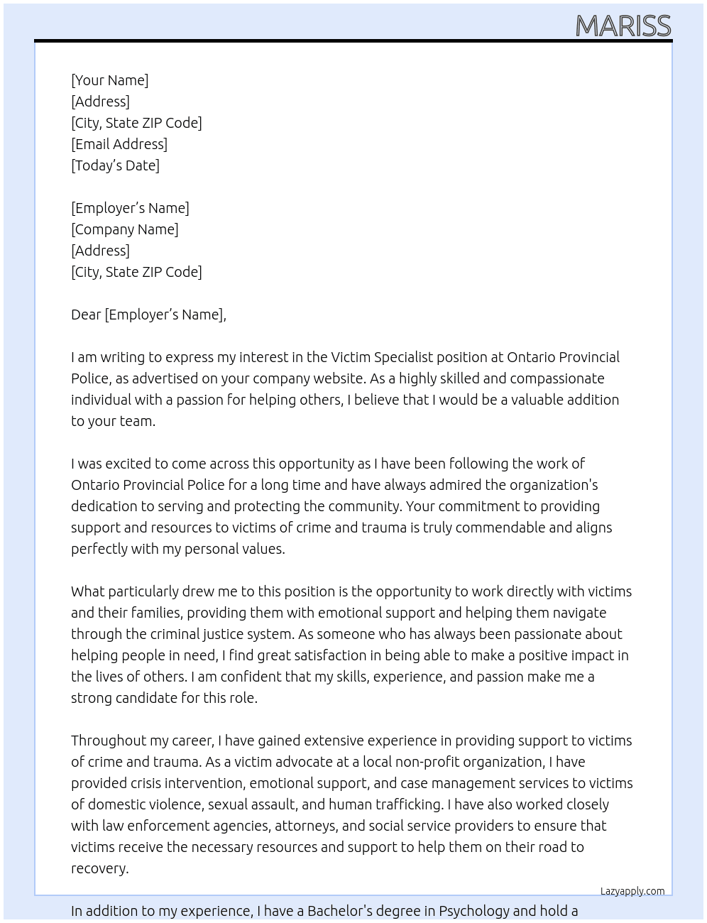 victim specaisr At ontario provicinal police Cover Letter
