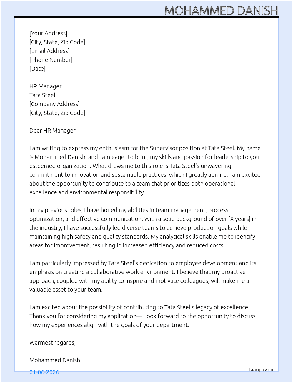 Supervisor At Tata steel Cover Letter