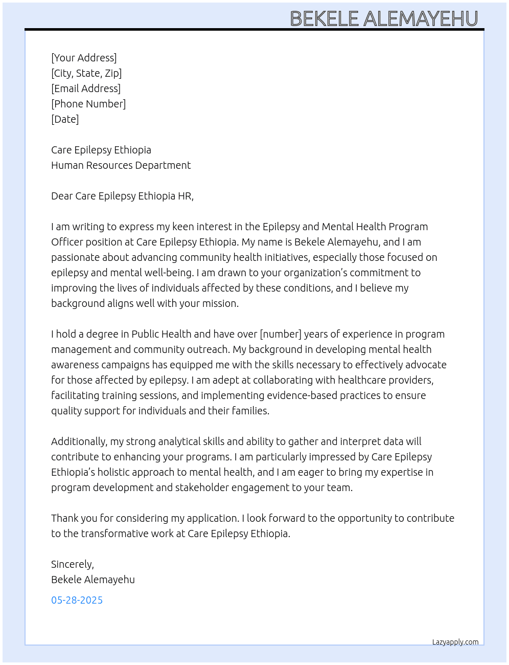 Epilepsy and Mental Health Program Officer At Care Epilepsy Ethiopia  Cover Letter