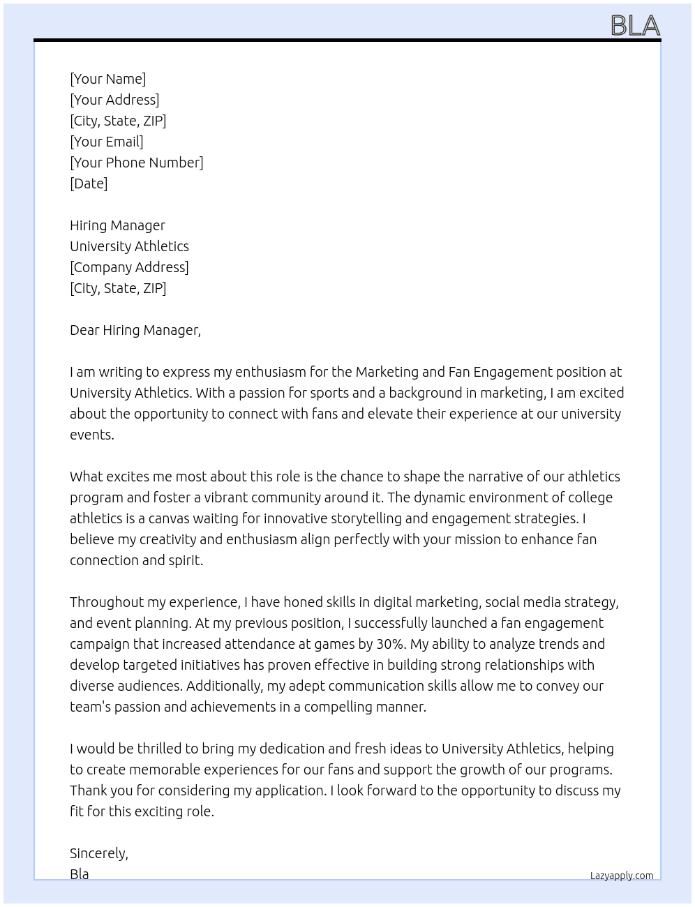 Cover letter for marketing and fan engagement - LazyApply