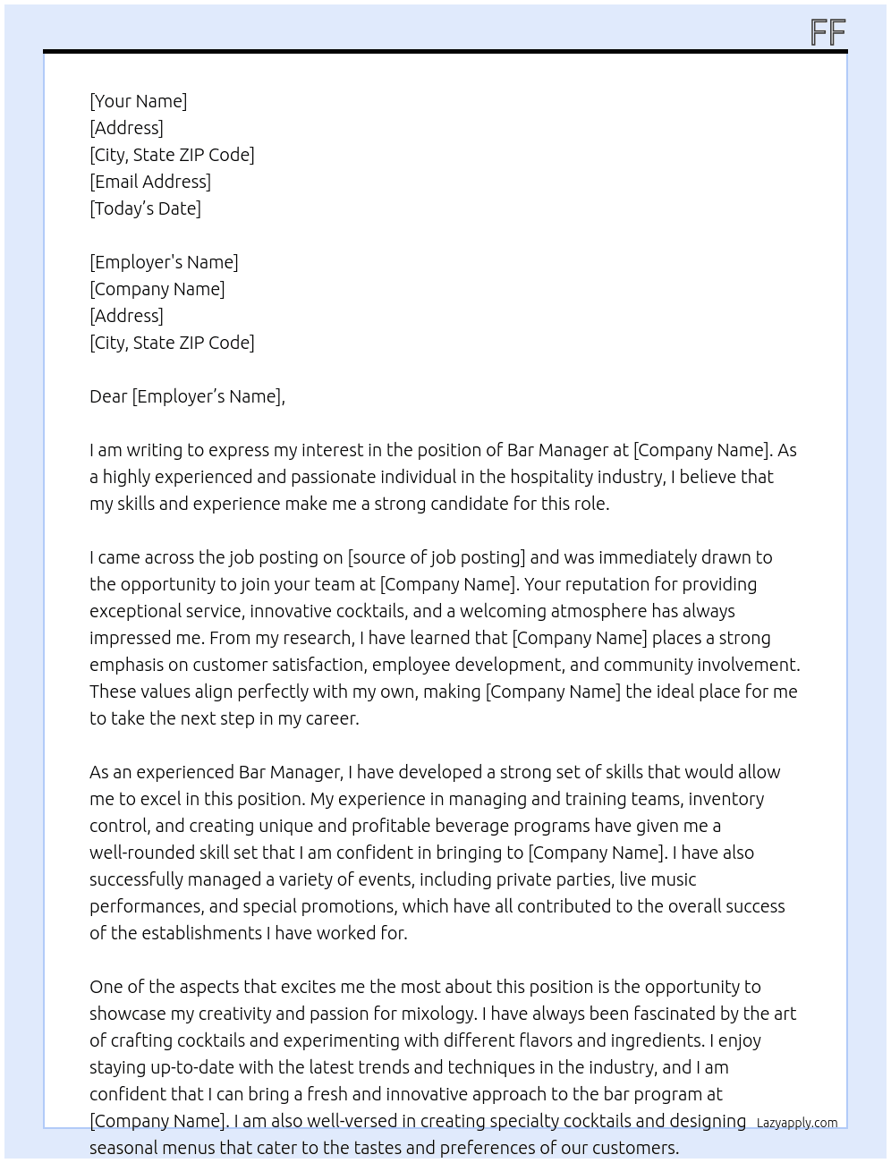 bar manager At asdsz Cover Letter