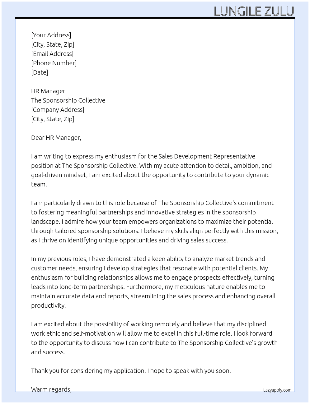 Sales Development Representative At The Sponsorship Collective Cover Letter