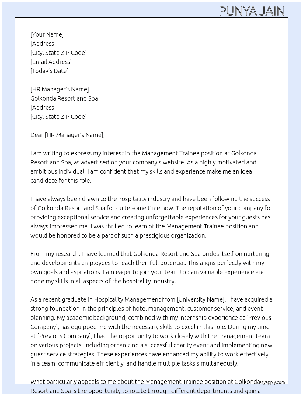 Management trainee At Golkonda resort and spa Cover Letter